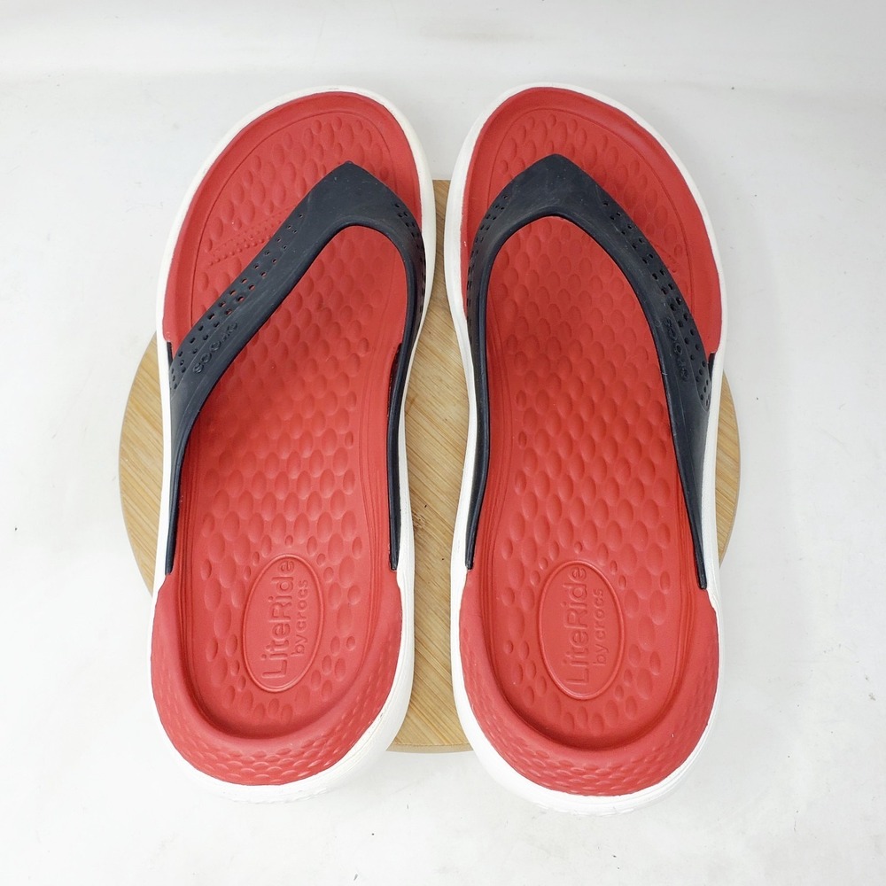 Crocs LiteRide Flip Flop Mens 10 Black Red Lightweight Sandals Shoes - Picture 7 of 13